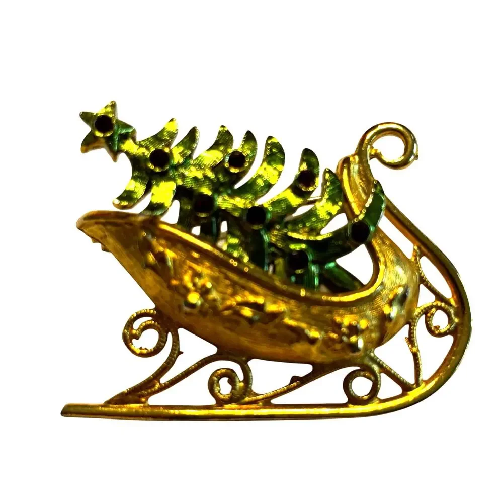 Vintage Christmas brooch sleigh gold with green tree & red ornaments signed MYLU